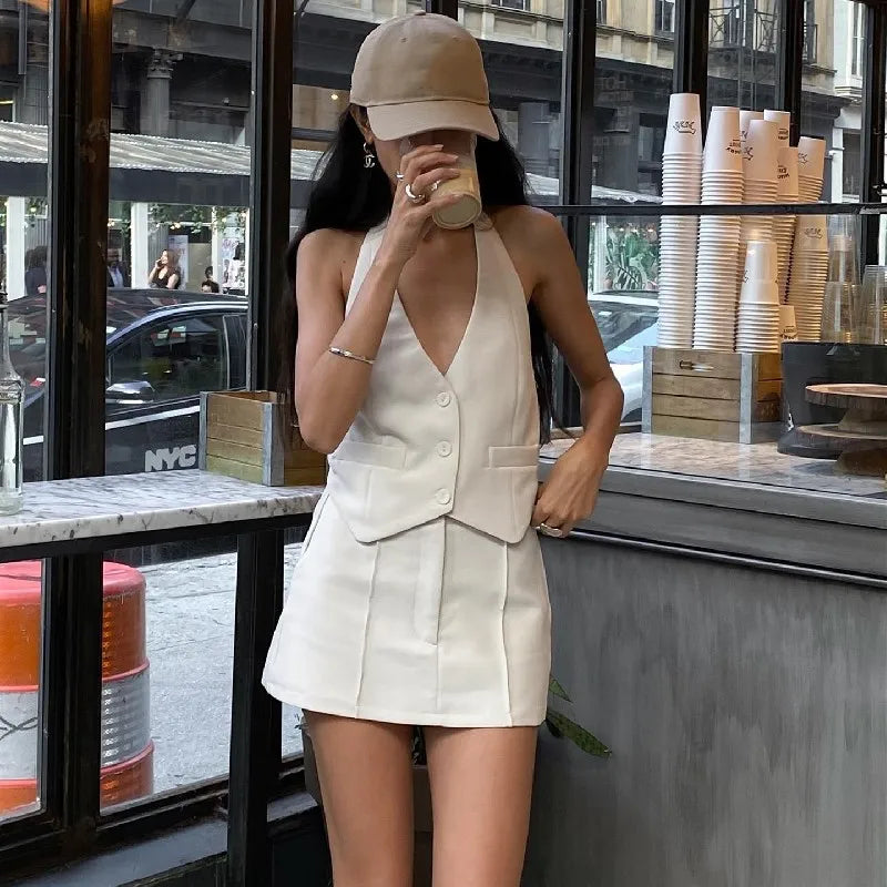Candyhot Fashion Casual V-neck Sleeveless Suit Tank Top With High-waist Bodycon Hip Skirt Streetwear Autumn Women Two Piece Sets