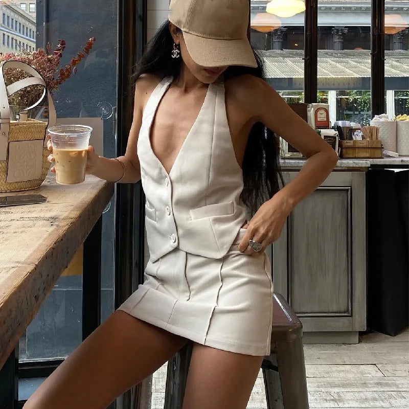 Candyhot Fashion Casual V-neck Sleeveless Suit Tank Top With High-waist Bodycon Hip Skirt Streetwear Autumn Women Two Piece Sets