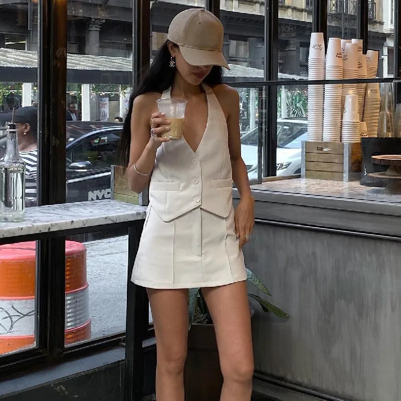 Candyhot Fashion Casual V-neck Sleeveless Suit Tank Top With High-waist Bodycon Hip Skirt Streetwear Autumn Women Two Piece Sets