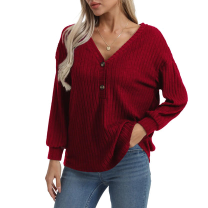Tehoao Womens Sweaters V Neck Long Sleeve Button Casual Lightweight Sweater Soft Fall Winter Pullover Sweater Trendy Burgundy