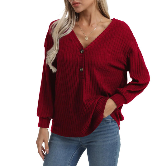 Tehoao Womens Sweaters V Neck Long Sleeve Button Casual Lightweight Sweater Soft Fall Winter Pullover Sweater Trendy Burgundy
