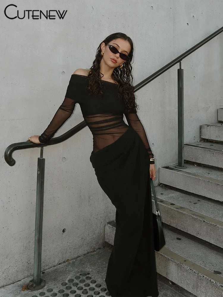 Cutenew Sexy Mesh Maxi – Ruched & Elegant