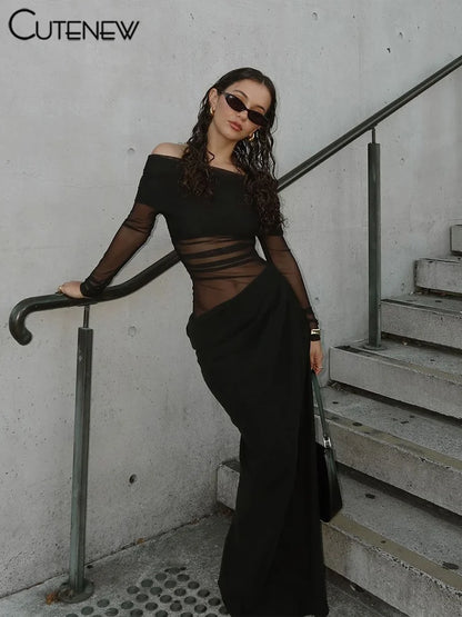 Cutenew Sexy Mesh Maxi – Ruched & Elegant