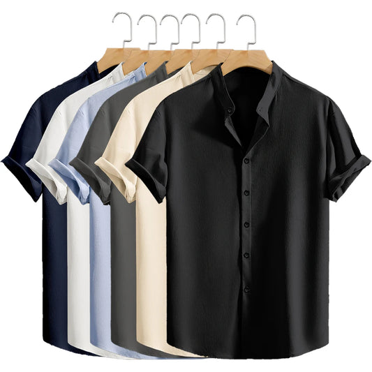 Youth Casual Beach Short Sleeve Shirts Solid Color Loose Casual Breathable Shirt Lightweight Streetwear Male Button Tops