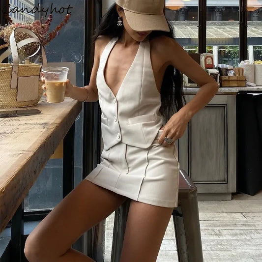 Candyhot Fashion Casual V-neck Sleeveless Suit Tank Top With High-waist Bodycon Hip Skirt Streetwear Autumn Women Two Piece Sets