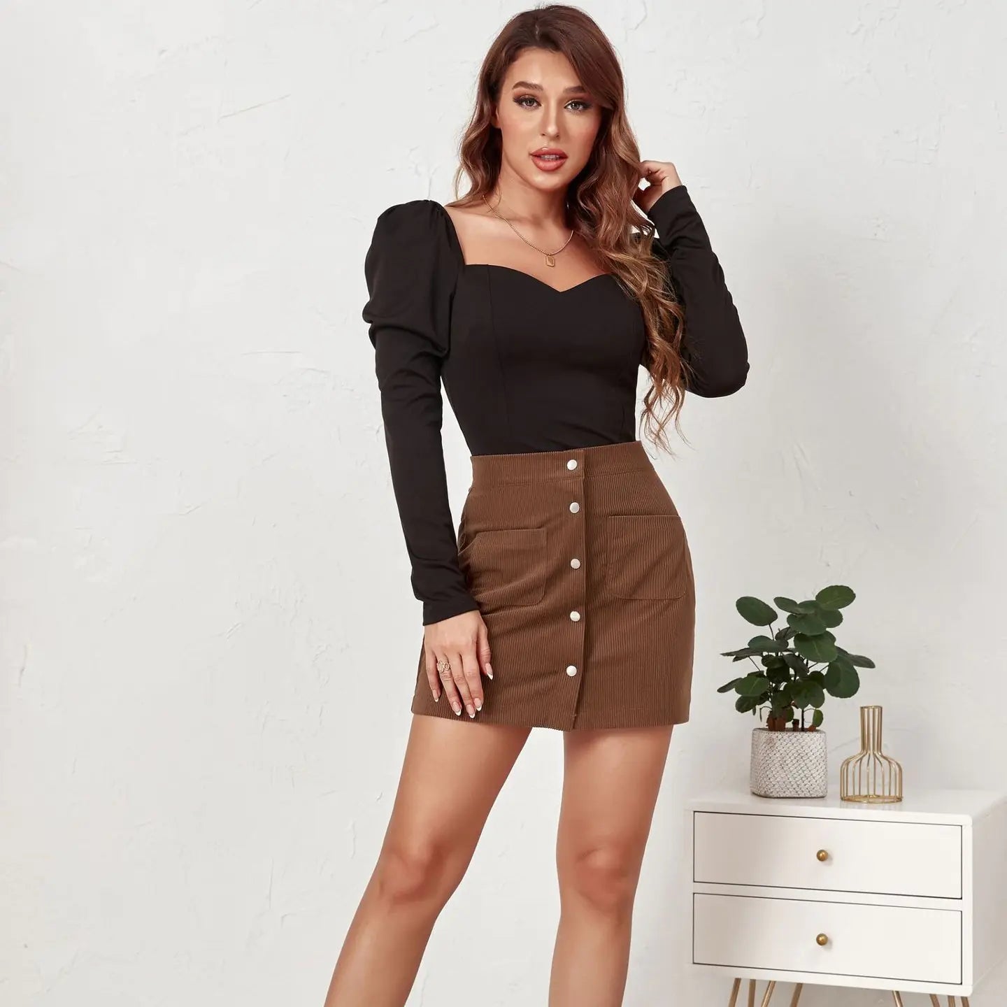 Single-breasted Slim Fit Solid Color Skirt
